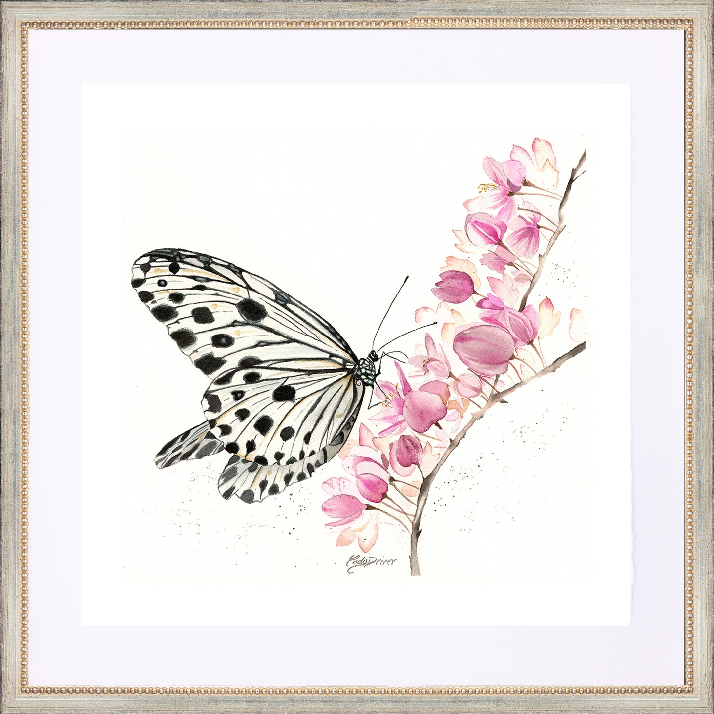 framed giclée butterfly on pink flowers
