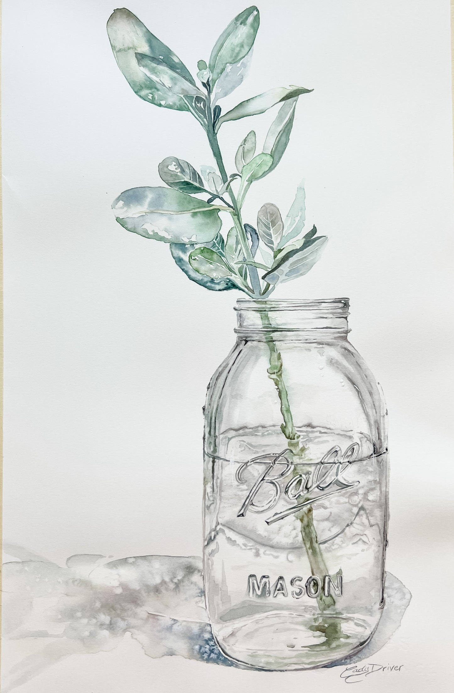 Light watercolor ball jar art in grey and muted green hues